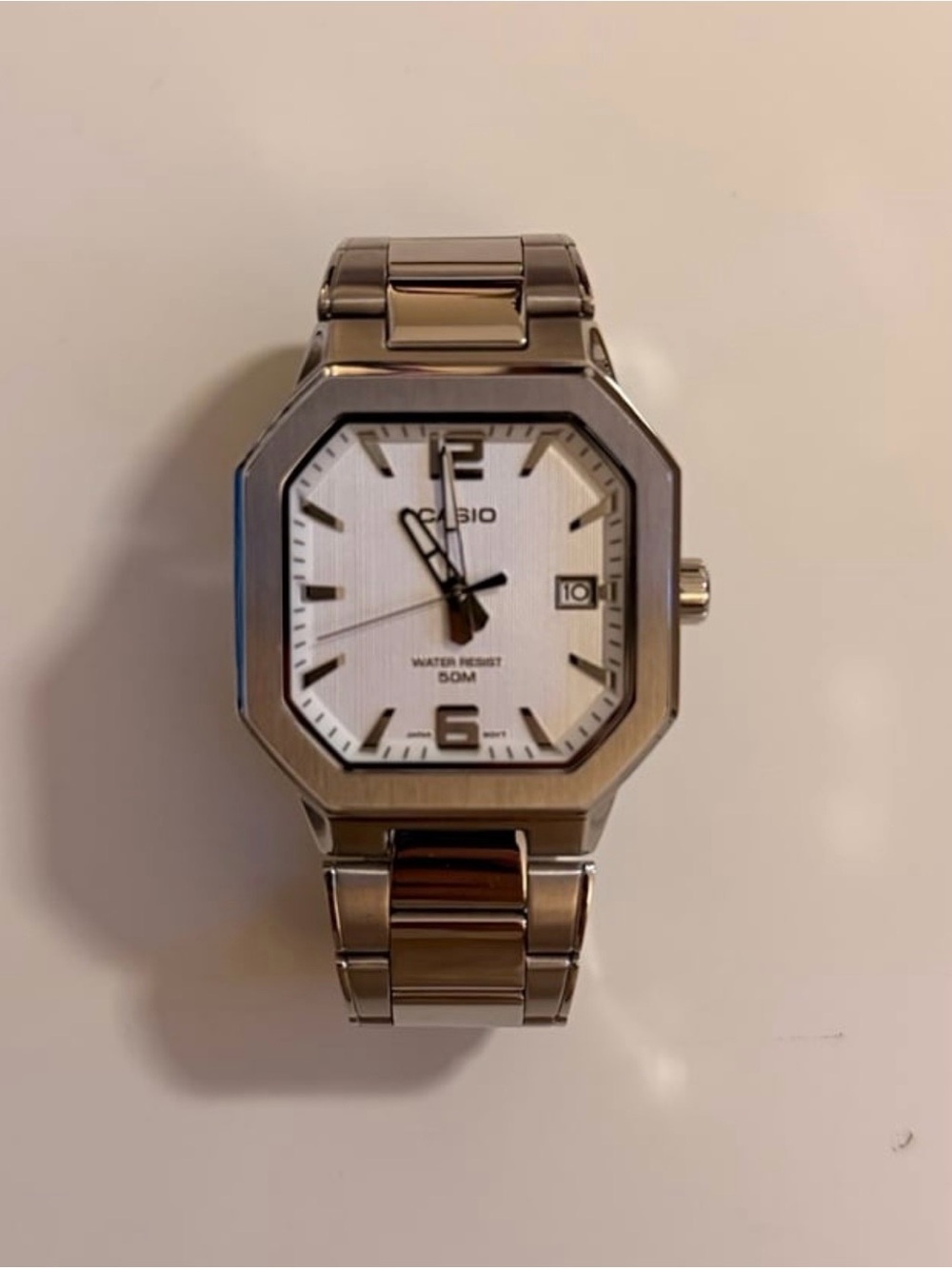 Casio Men's Silver Stainless Steel Watch with White Dial